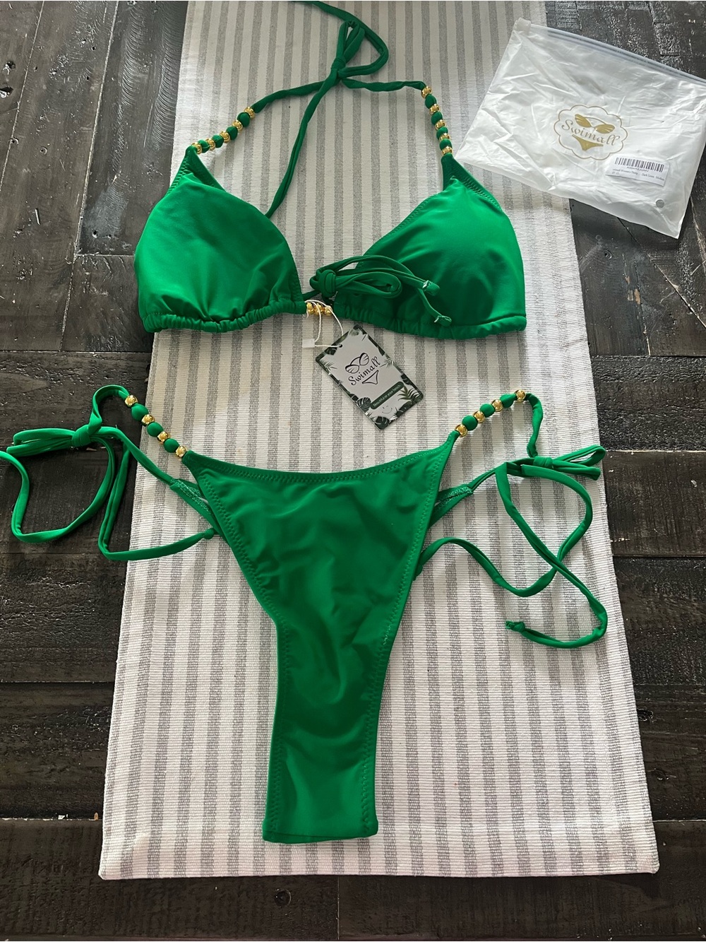Swimall Women's Thong / Green String Bikini Set - Triangle Top & Tie-Side Bottom